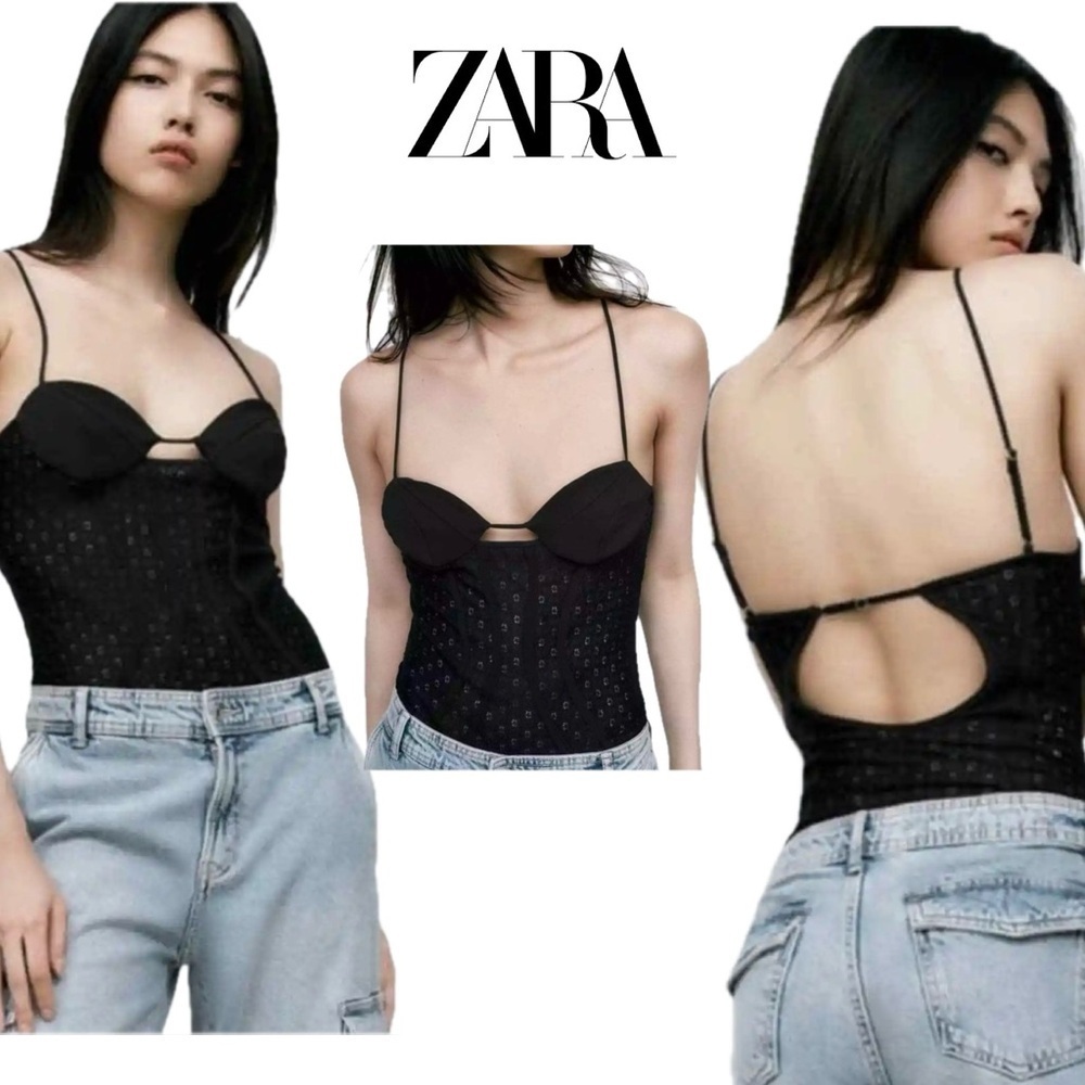 Zara black lace sweetheart neckline cutout spaghetti strap bodysuit NWOT